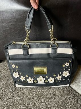 Betsey Johnson Floral Embellished Black and Cream Striped Purse Satchel Bag